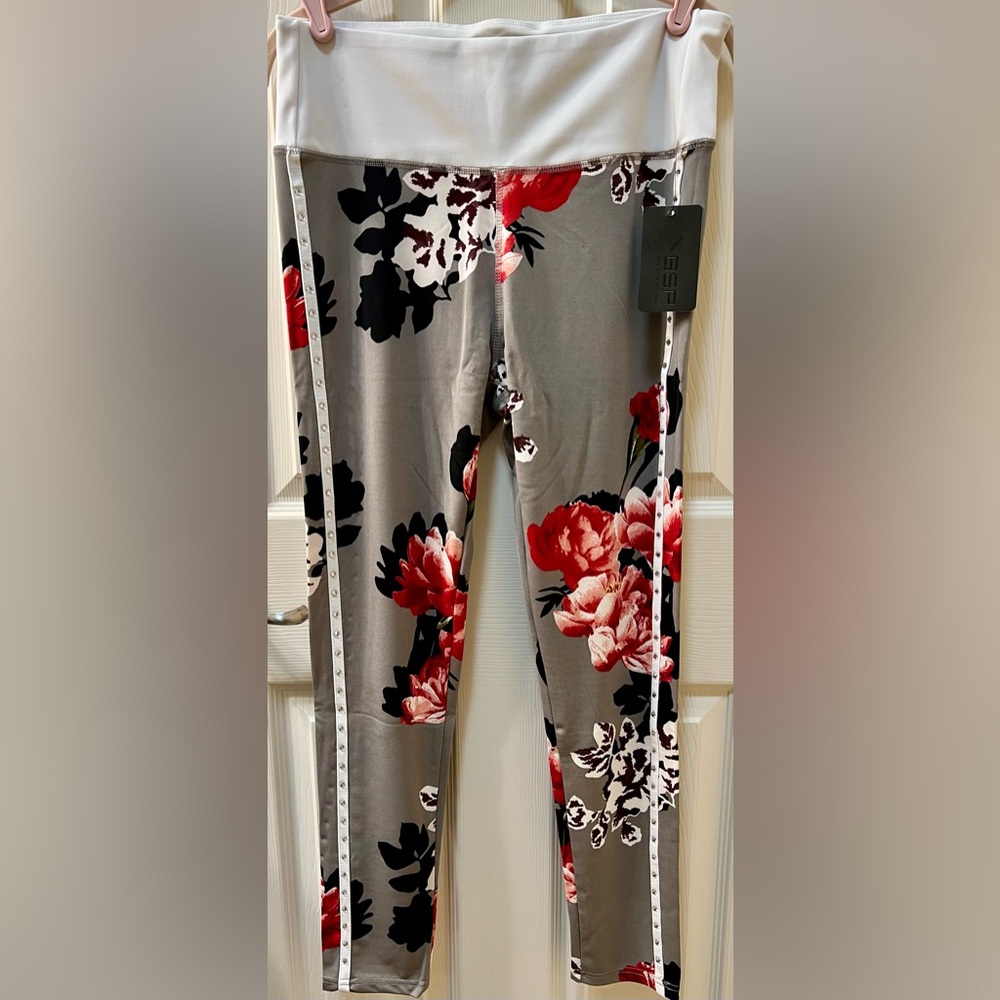 BSP 2-pc Set Rhinestone Stud, Floral, Full Lngth, Hi-waist Leggings & Sports Bra